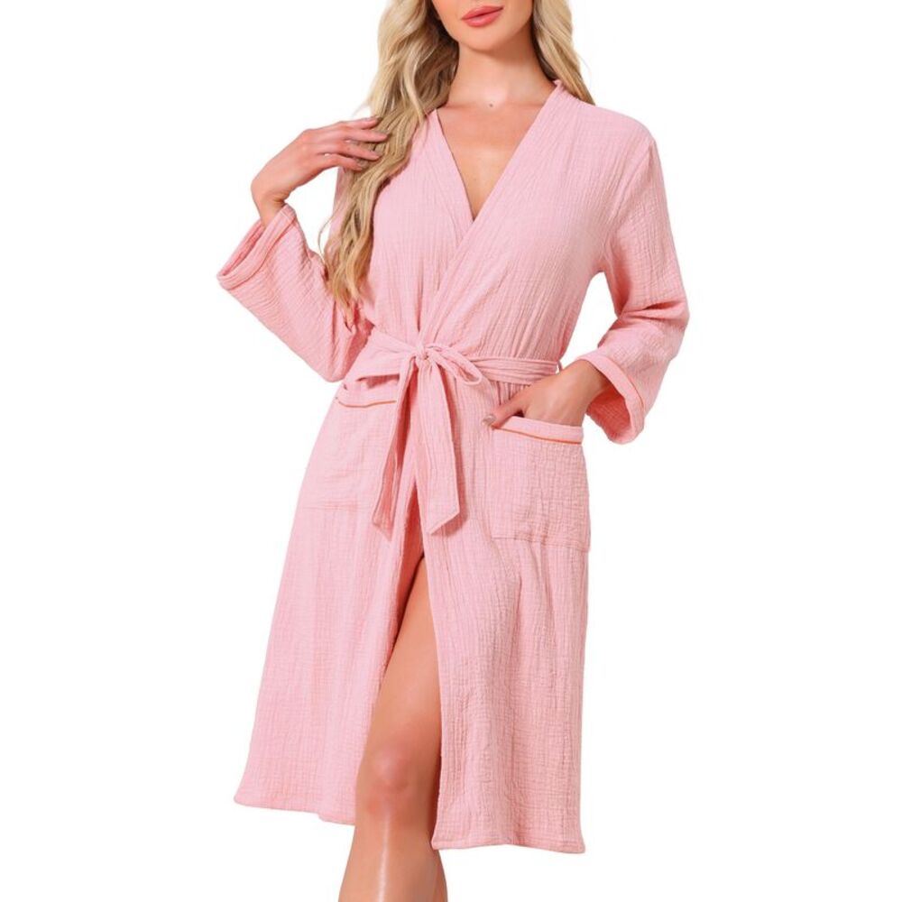 Womens Casual Soft Cotton Robes Long Sleeves Bathrobe Pink